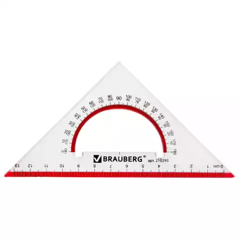 Треугольник пластиковый, угол 45, 13 см, BRAUBERG "Crystal", с транспортиром, прозрачный, с выделенн