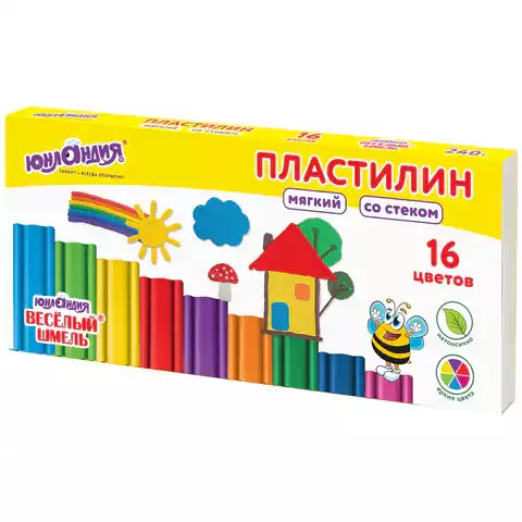 Пластилин мягкий ЮНЛАНДИЯ "ВЕСЕЛЫЙ ШМЕЛЬ", 16 цветов, 240 г, СО СТЕКОМ, 106673