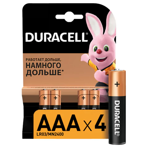 Батарейки КОМПЛЕКТ 4 шт., DURACELL Basic ОРИГИНАЛ, AAA (LR03, 24А), алкал, мизинч, MN 2400,450403