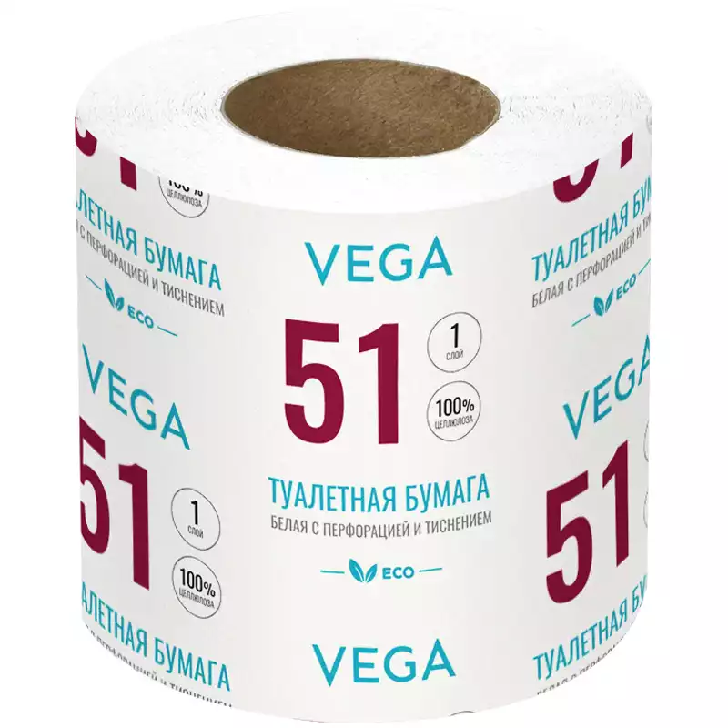 Бумага туалетная Vega, 1-слойная, 51м/рул., на втулке, с перф., с тиснением, белая, 339244
