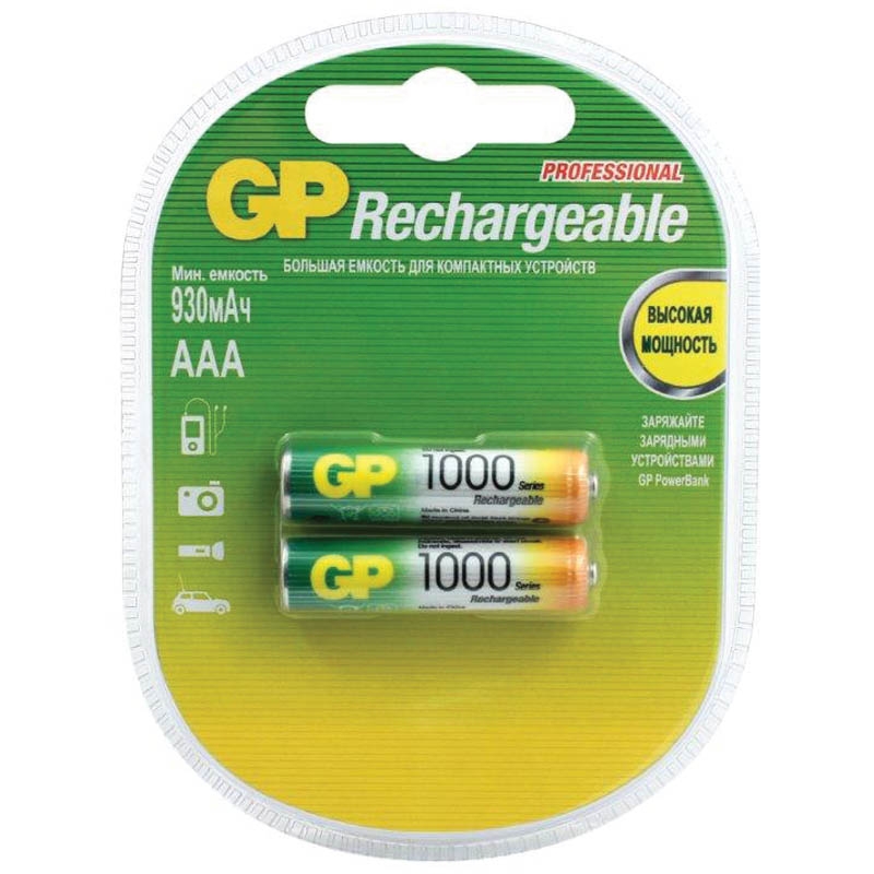 Аккумулятор GP AAA (HR03) 1000mAh 2BL 1шт., 164703, GP 100AAAHC-2DECRC2