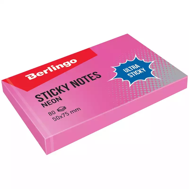 Самоклеящийся блок Berlingo "Ultra Sticky", 50*75мм, 80л., розовый неон,287185,LSn_39413