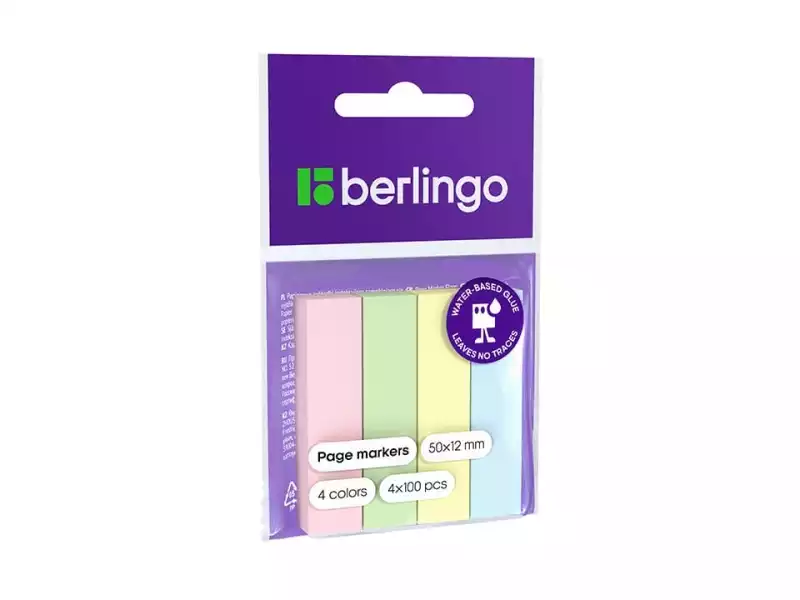 Флажки-закладки Berlingo 12*50мм, 100л*4 пастельных цвета, европодвес, 254410, LSz_50125