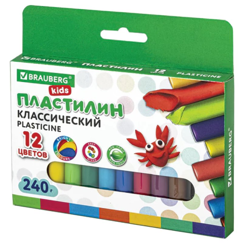 Пластилин классический BRAUBERG KIDS, 12 цветов, 240 г, ВЫСШЕЕ КАЧЕСТВО, 105873