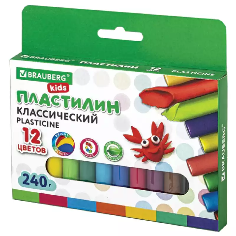 Пластилин классический BRAUBERG KIDS, 12 цветов, 240 г, ВЫСШЕЕ КАЧЕСТВО, 105873