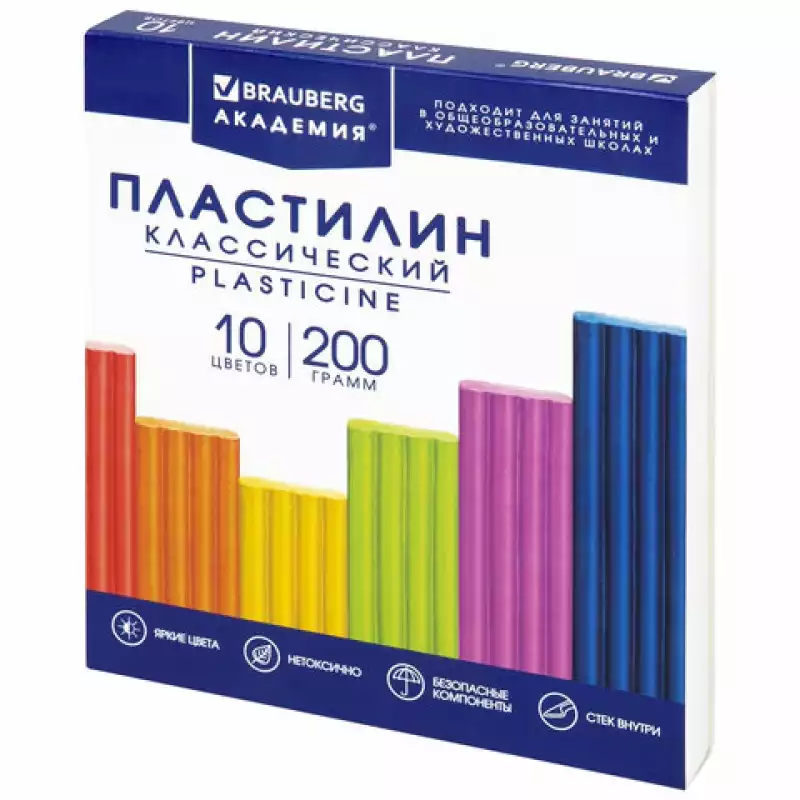 Пластилин классич. BRAUBERG "АКАДЕМИЯ КЛАССИЧЕСКАЯ", 10 цв., 200 г, стек, ВЫСШЕЕ КАЧЕСТВО, 106503
