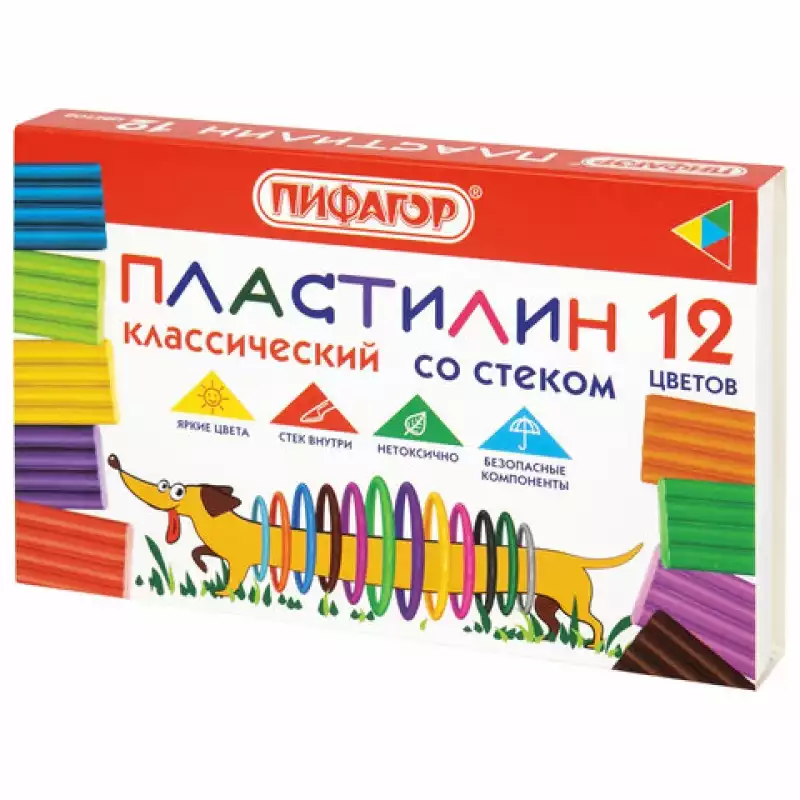 Пластилин классический ПИФАГОР "Веселая такса", 12 цветов, 180 г, со стеком, 106675