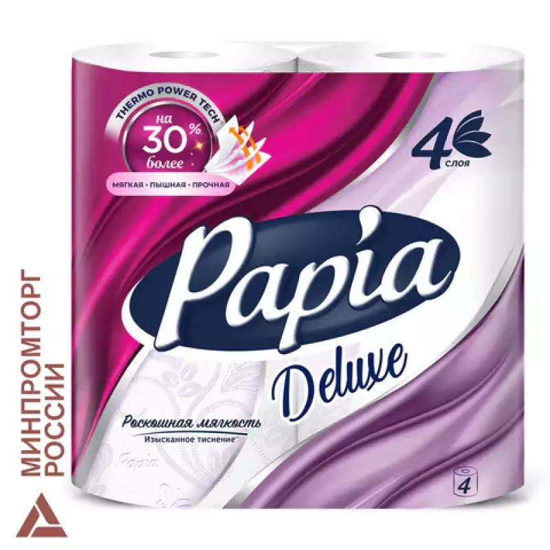 Бумага туалетная быт., спайка 4 шт., 4-слойная (4х16 м), PAPIA DELUXE, белая, 5080736, 112045