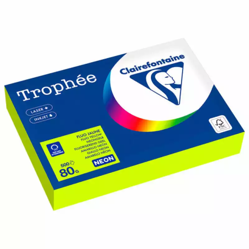 Бумага цветная CLAIREFONTAINE, А4, 80 г/м2, 500 л., неон, желтый, Франция, 2977PC, 116725