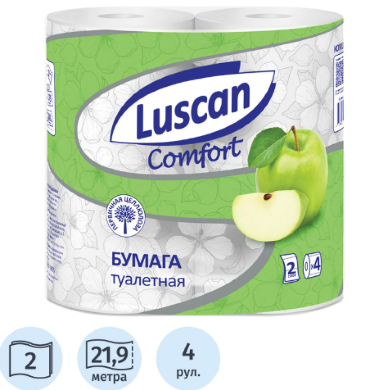 Бумага туалетная Luscan Comfort 2сл бел с зел тисн яблок 100%цел 21,9м4р/уп,1178132