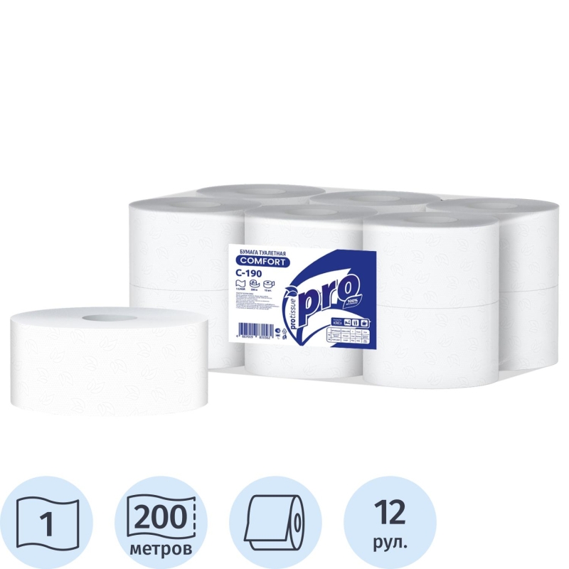 Бумага туалетная д/дисп Protissue 1сл бел цел 200м, С190, 1180245