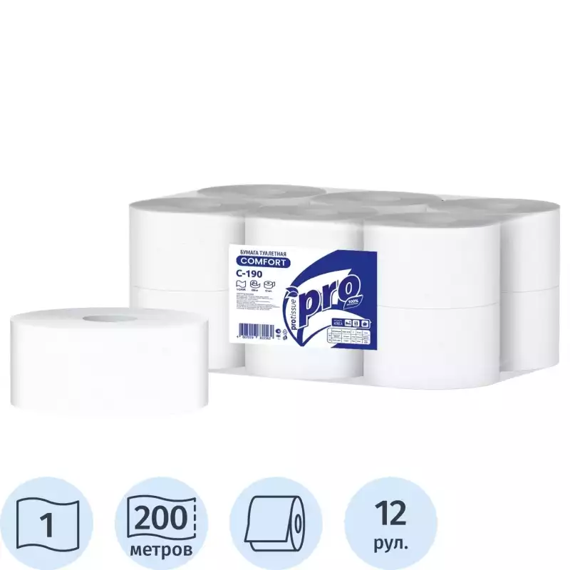 Бумага туалетная д/дисп Protissue 1сл бел цел 200м, С190, 1180245