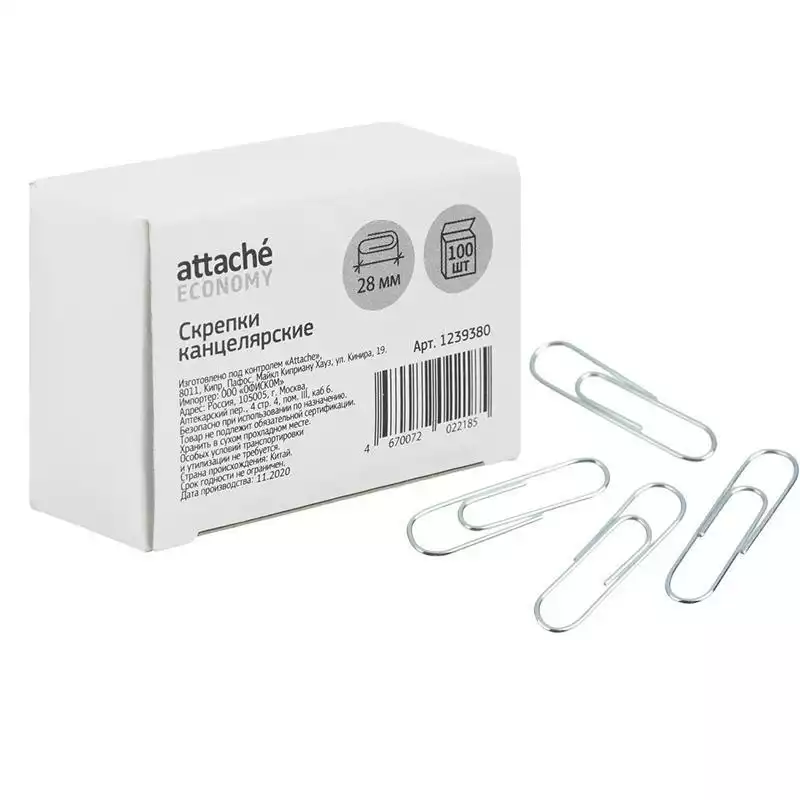 Скрепки Attache Economy оцинкованные, 28 мм, негофрированные, 100 шт/уп, 1239380
