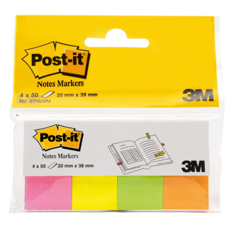 Закладки клейкие POST-IT, бумажные, 20 мм, 4 цвета х 50 шт., 670-4N,127578