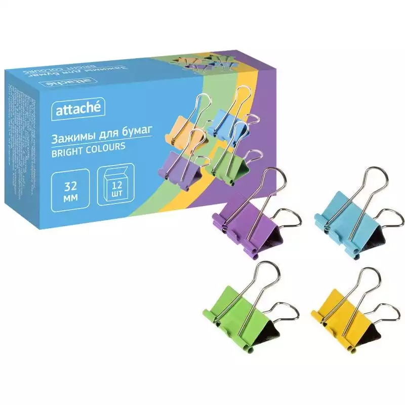 Зажимы для бумаг Attache Bright Colours 32мм,цветн, 1384139