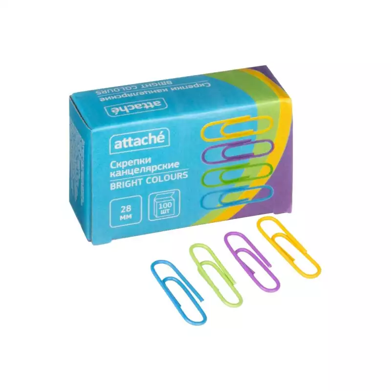 Скрепки Attache Bright Colours полимерные, 28 мм, 100 шт. в уп, 1384140