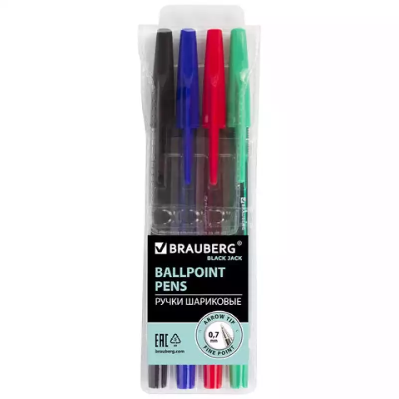 Ручки шариковые BRAUBERG, НАБОР 4 шт.,АССОРТИ,"Black Jack", узел 0,7 мм, линия письма 0,35м,141290