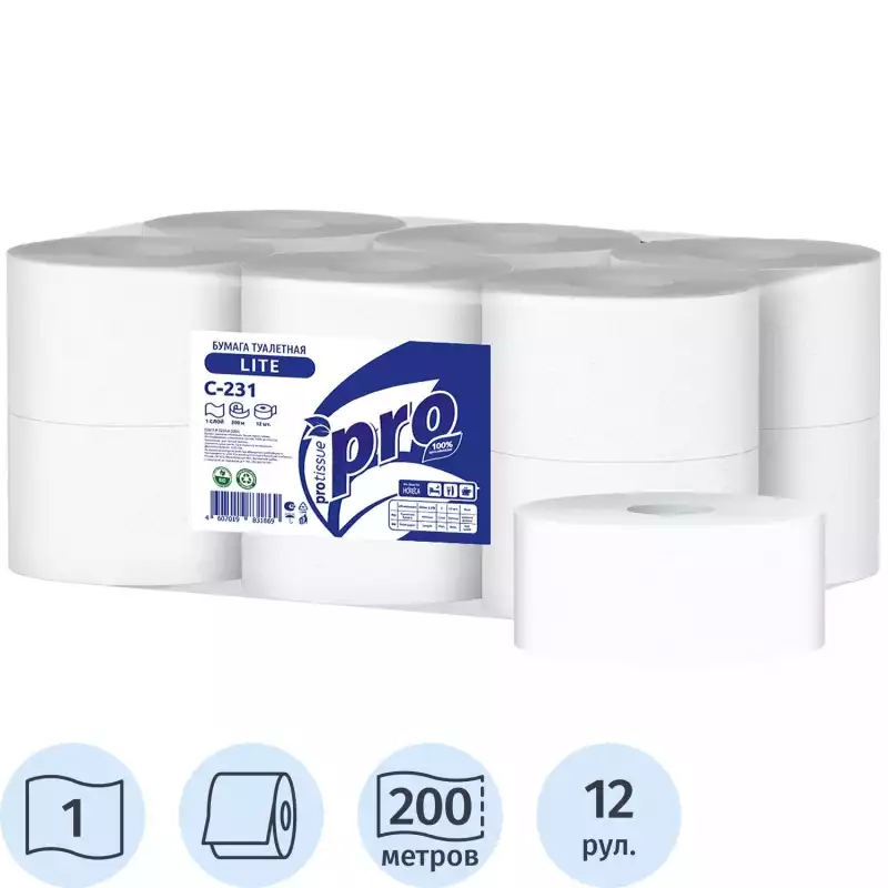 Бумага туалетная д/дисп Protissue 1сл, 200м С231, 1415039