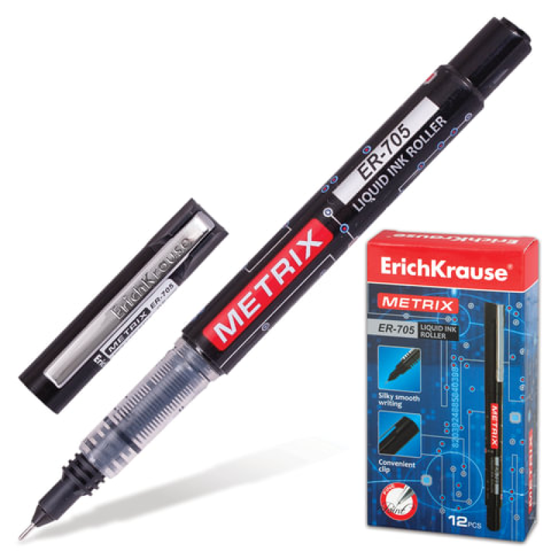 Ручка-роллер ERICH KRAUSE Metrix ER-705. корп.черный, игольч.узел 0,6мм, линия 0,45мм, черная 141682