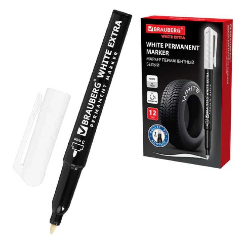 Маркер перманентный BRAUBERG WHITE EXTRA, БЕЛЫЙ, круглый наконечник 3 мм 152488