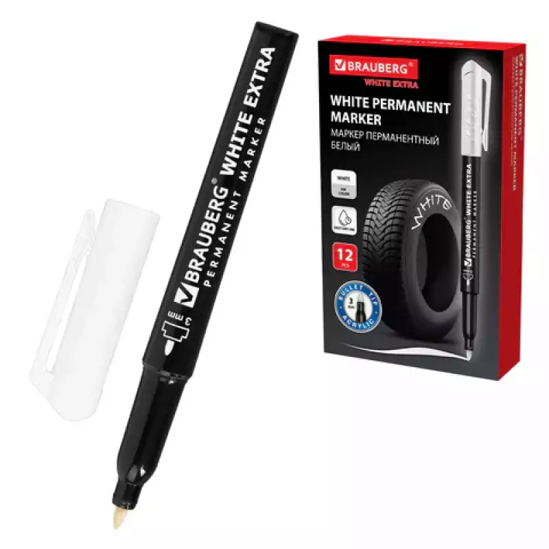 Маркер перманентный BRAUBERG WHITE EXTRA, БЕЛЫЙ, круглый наконечник 3 мм