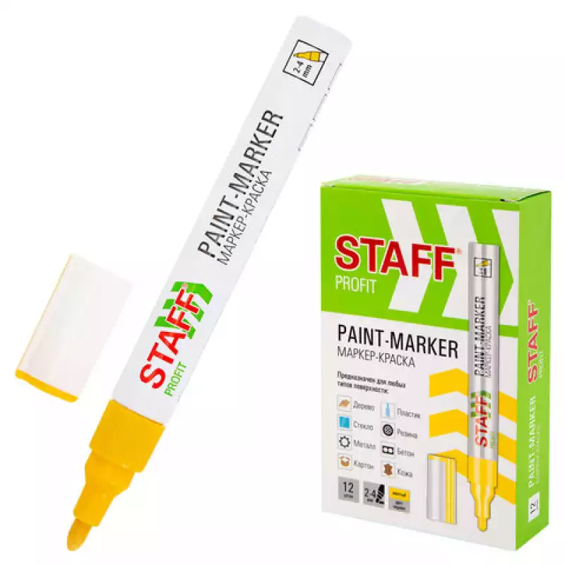 Маркер-краска лаковый (paint marker) 2-4 мм, ЖЕЛТЫЙ, НИТРО-ОСНОВА, STAFF PROFIT, для любых поверхнос