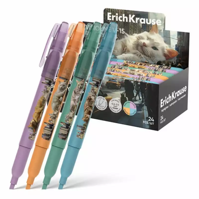Текстовыделитель ERICH KRAUSE V-15 "Big City Cats", АССОРТИ В ДИСПЛЕЕ, линия 0,6-3,5, 63368
