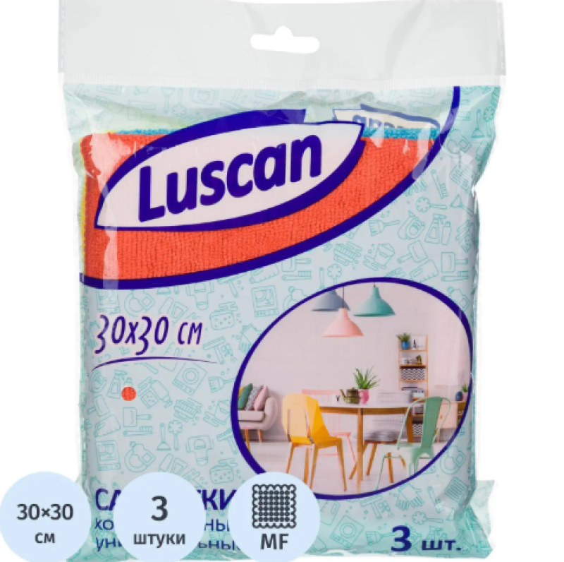 Салфетки хозяйственные Luscan из микрофибры универс 300г/м2 30х30см 3шт/уп, 1604409