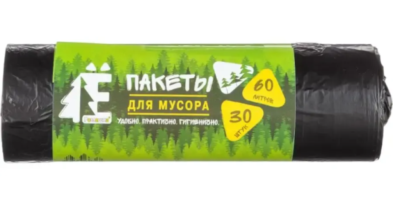 Мешки для мусора ПНД 60л 30шт/рул черные 58х68см Элементари ЕЛР60-30/35, 1723513