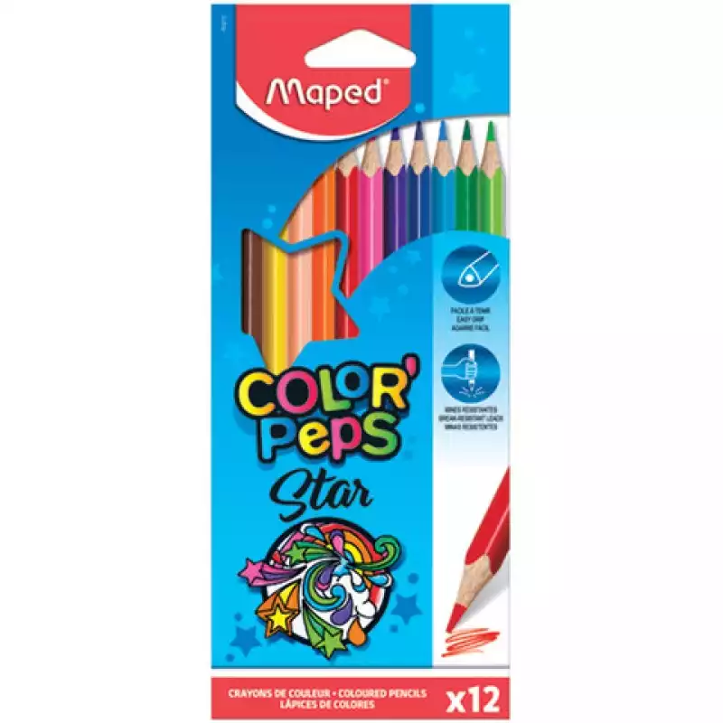 Карандаши цветные MAPED (Франция) "Color'Peps Star", 12 цветов, трехгранные, грифель 3 мм, 183212
