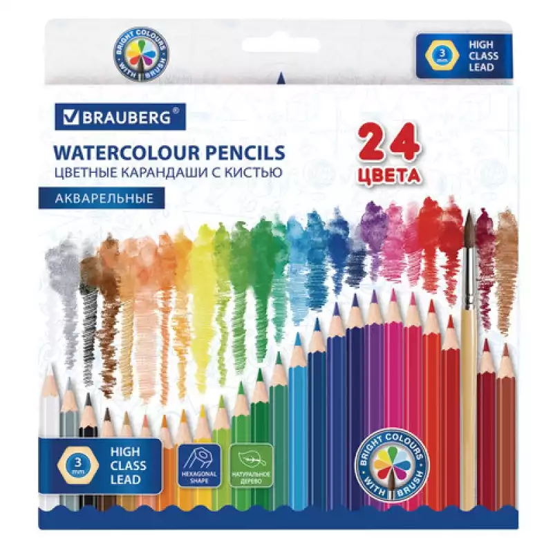 Карандаши цветные акварельные BRAUBERG 24 цвета с КИСТЬЮ, шестигранные, грифель 3 мм, натуральное де