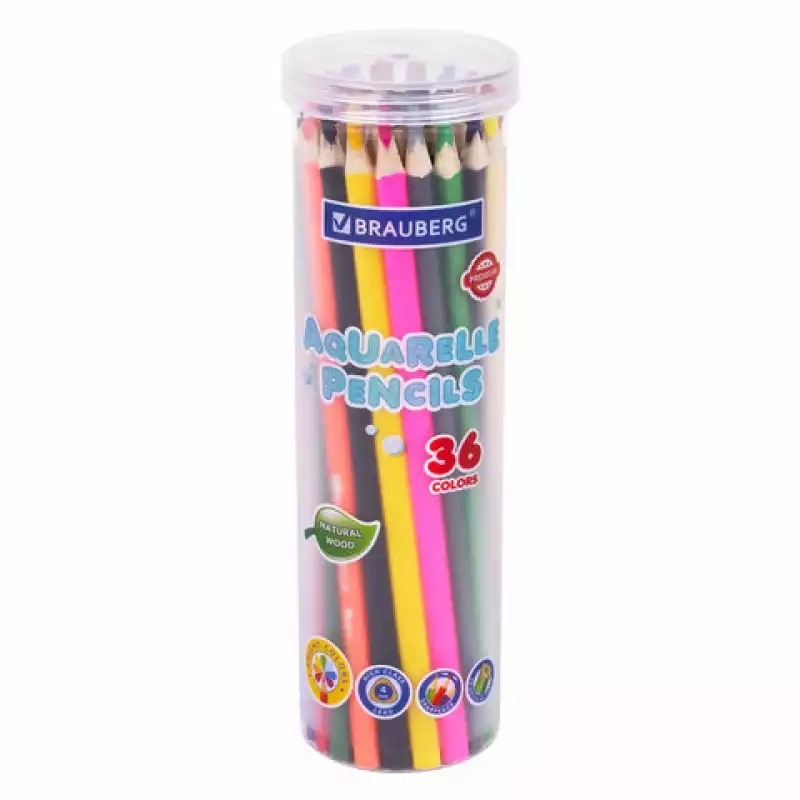 Карандаши цветные акварельные BRAUBERG PREMIUM AQUARELLE 36 цветов в тубе, трехгранные, 181933