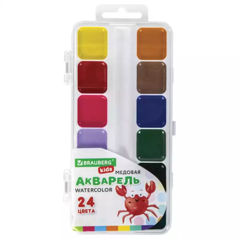 Краски акварельные BRAUBERG "KIDS", медовые, 24 цвета, квадратные кюветы, пластиковый пенал, 192284