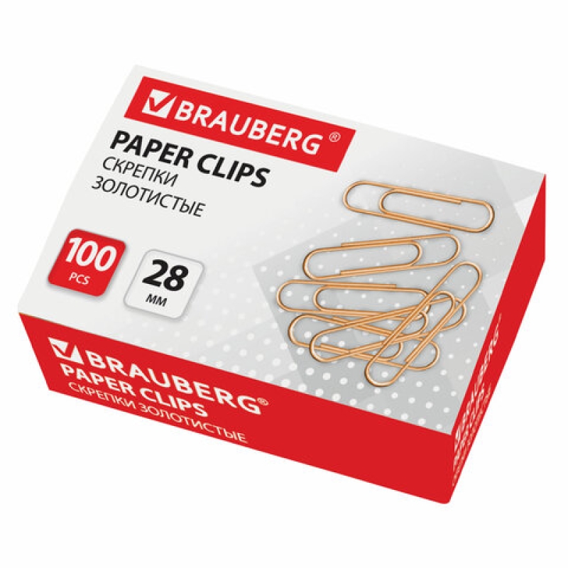 Скрепки BRAUBERG 28 мм золот., 100 шт., в карт. коробке, 221529
