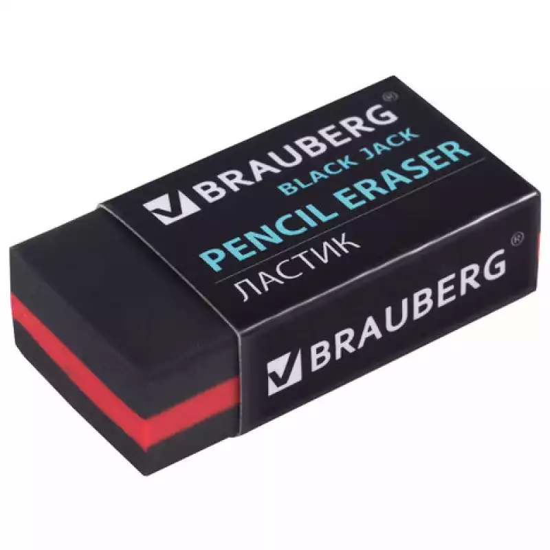 Резинка стирательная BRAUBERG "BlackJack",в картон. держат,40х20х11 мм,трёхслойная, чёрная,222466