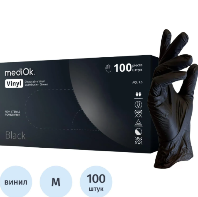 Перчатки виниловые одноразовые, н/о, черн. MediOk (M), 50п/уп 4гр.,ПС, Код товара BSV40BL-1-M, 2241501