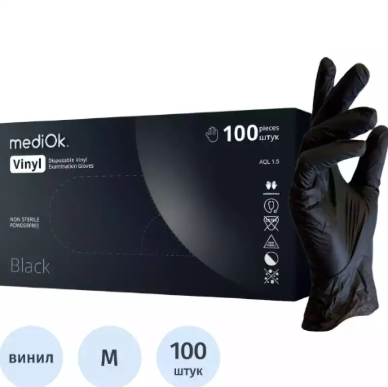 Перчатки виниловые одноразовые, н/о, черн. MediOk (M), 50п/уп 4гр.,ПС, Код товара BSV40BL-1-M, 22415