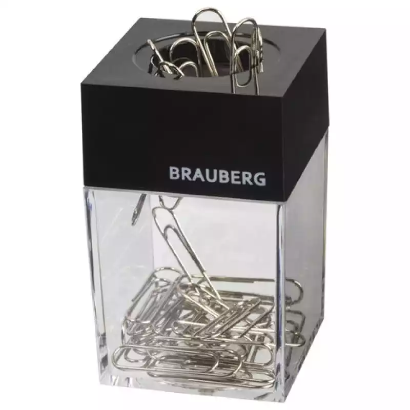 (М)Скрепочница магнитная BRAUBERG с 30 скрепками, прозрачный корпус, черная крышка, 225189