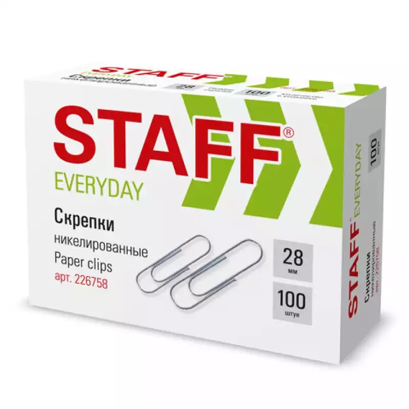 Скрепки STAFF, 28 мм, никелированные, 100 шт., в картонной коробке, 226758
