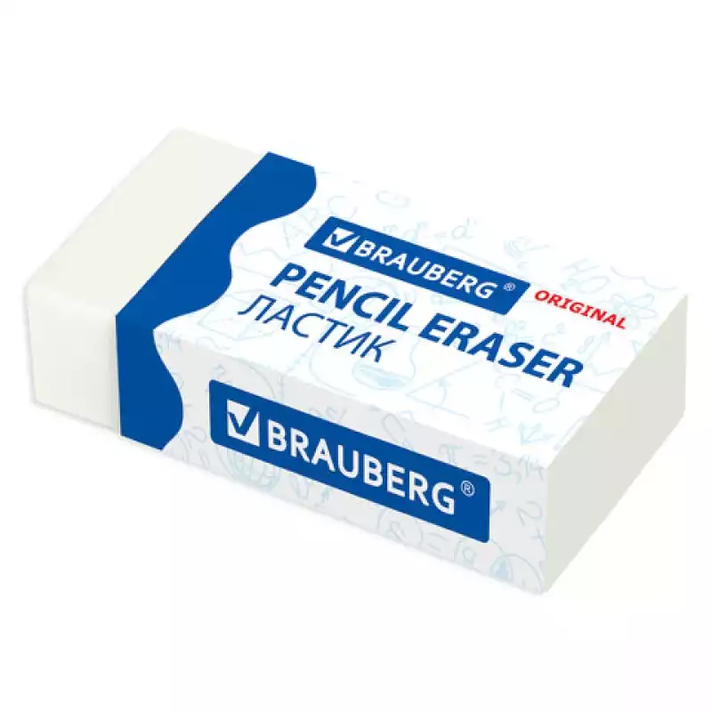 Ластик BRAUBERG "Simple", 38х20х10 мм, белый, прямоугольный, картонный держатель, 228073