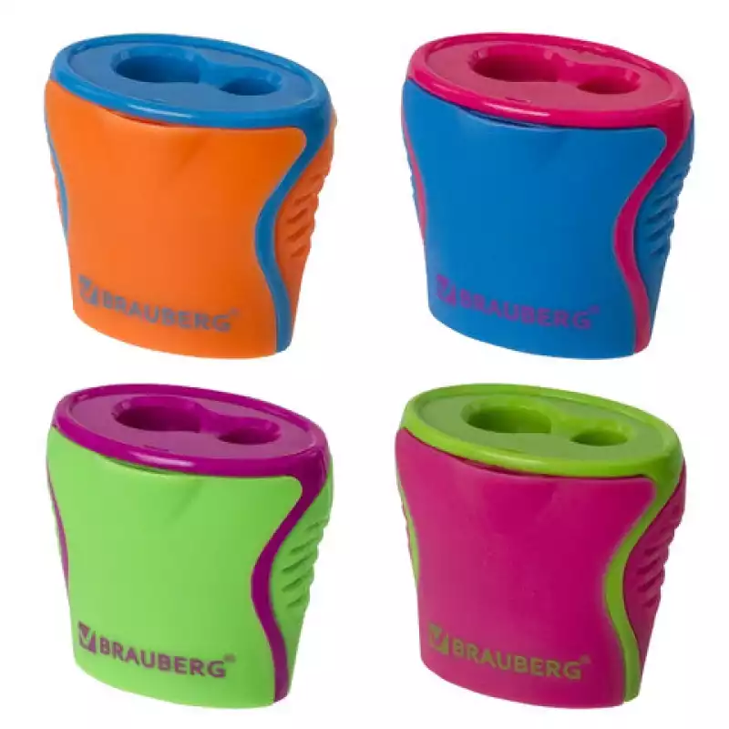 Точилка BRAUBERG "Mix Dual", 2 отверстия для карандашей, с контейнером, корпус ассорти, 228449