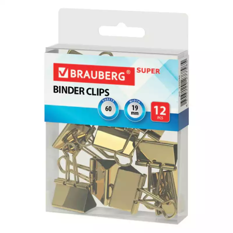 Зажимы для бумаг BRAUBERG EXTRA,19 мм, на 60 л., золотистые, европодвес, 229586