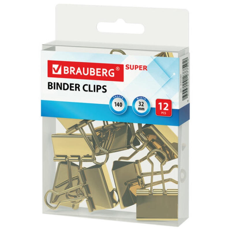 Зажим для бумаг BRAUBERG EXTRA, 32 мм, на 140 л., золотистый, 229587
