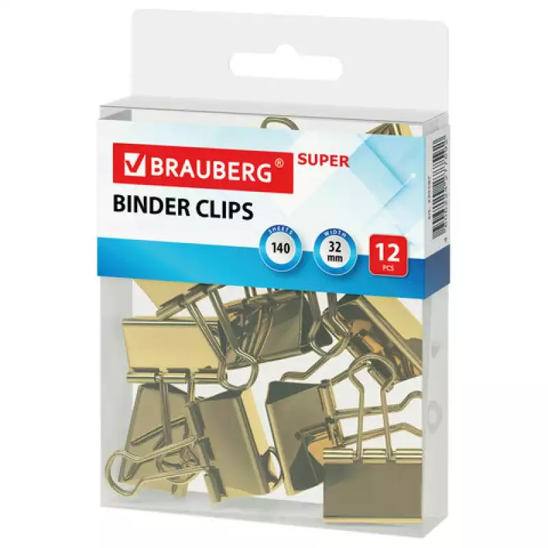 Зажим для бумаг BRAUBERG EXTRA, 32 мм, на 140 л., золотистый, 229587
