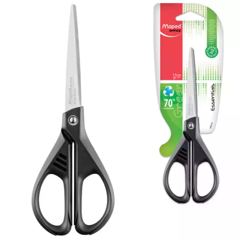 Ножницы MAPED (Франция) "Essentials Green", 180 мм, черные, картонная упаковка с европодвесом, 46701