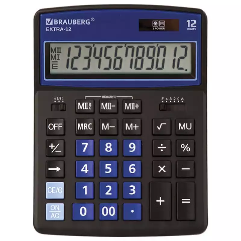 Калькулятор настольный BRAUBERG EXTRA-12-BKBU(206x155 мм),12 разр.,двойн. пит.,ЧЕРНО-СИНИН., 250472