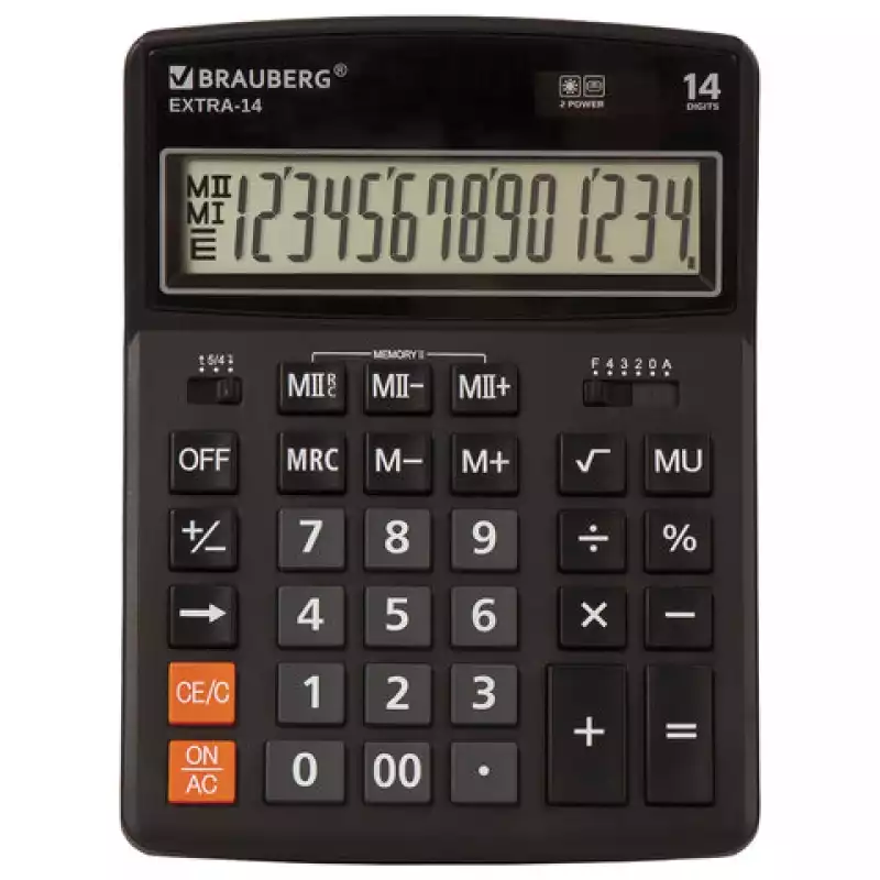 Калькулятор настольный BRAUBERG EXTRA-14-BK (206x155 мм),14 разрядов,двойное питание,ЧЕРНЫЙ, 250474