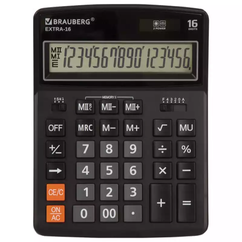 Калькулятор настольный BRAUBERG EXTRA-16-BK (206x155 мм), 16 разрядов, двойн питание, ЧЕРНЫЙ, 250475
