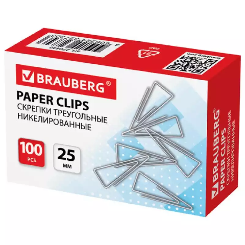 Скрепки BRAUBERG, 25 мм, никелированные, треугольные, 100 шт., в картонной коробке, 270440,
