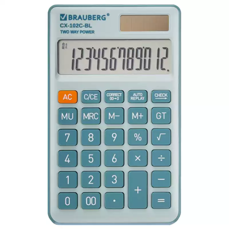 Калькулятор карманный BRAUBERG CX-102C-BL (76x126 мм), 12 разрядов, двойное питание, ГОЛУБОЙ, 272649